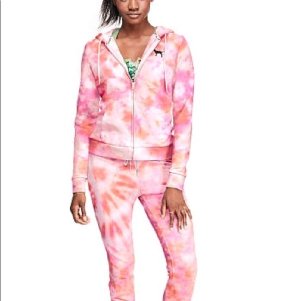 VS PINK PERFECT FULL ZIP HOODIE PINK TIE DYE SZ XS
